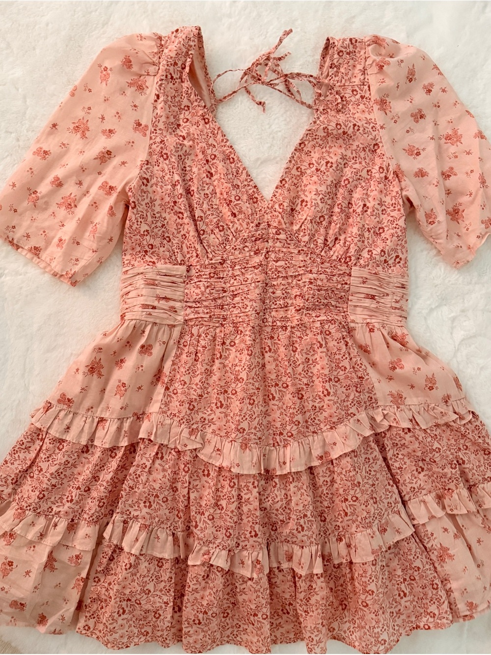 American Eagle Outfitters Pink Floral Tiered Dress with Puff Sleeves